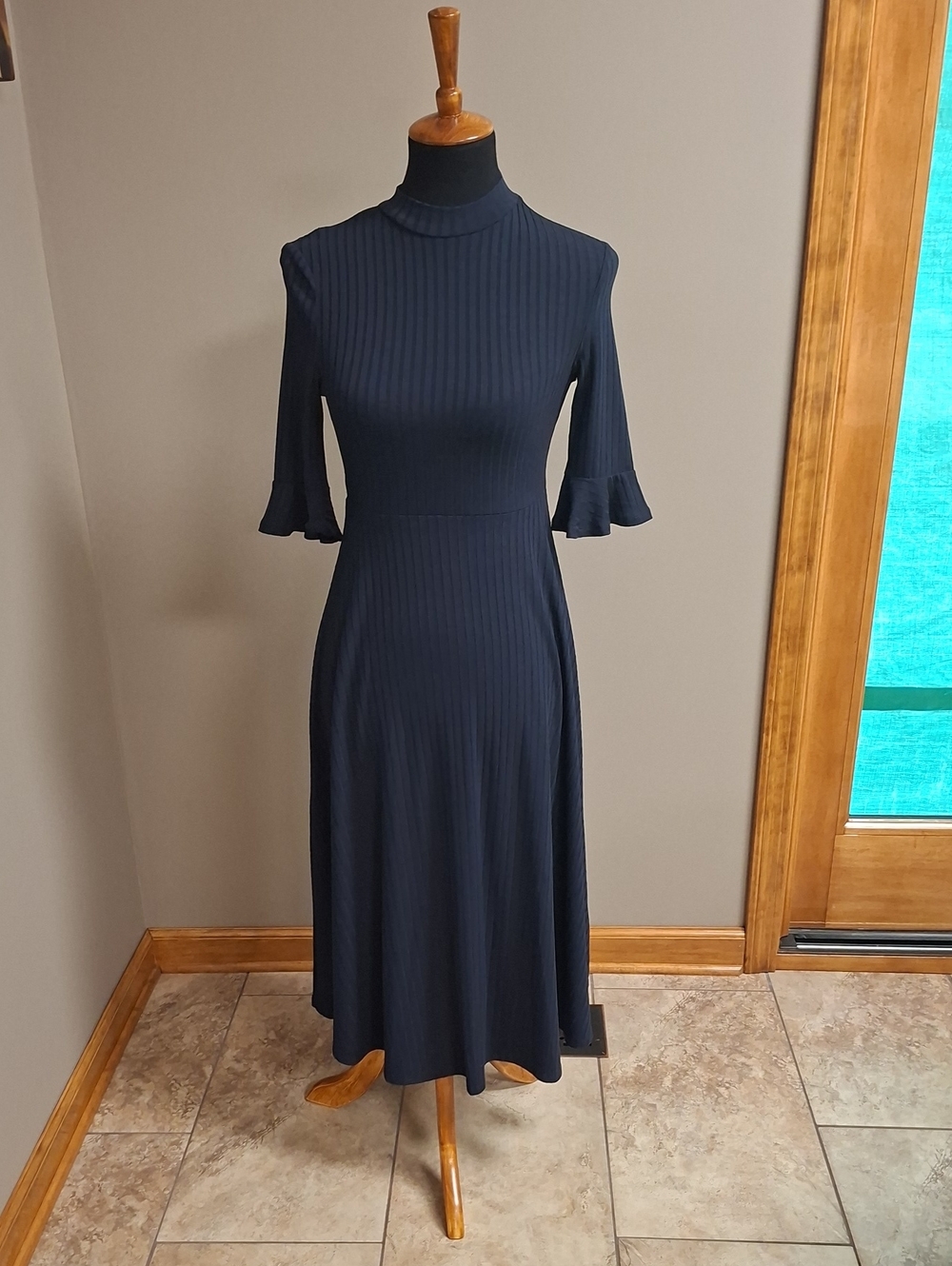 Navy Ribbed Midi Dress with Ruffle Elbow Sleeves